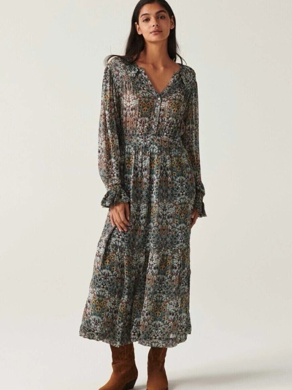 Ba&sh Phoenix Midi Dress Floral Printed Long Sleeve Ruffle Smocked S #203